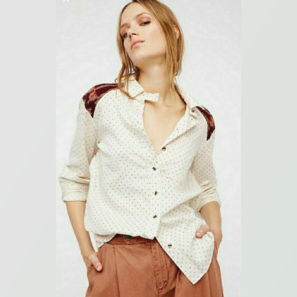 NWT FREE PEOPLE SAGE BUTTON DOWN NORDIC SWEATER YOKE SHIRT S